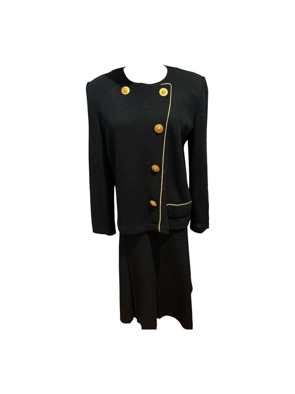 80s 2PC CASTLEBERRY KNIT BLACK JACKET W GOLD TONE TRIM & BUTTONS & PLEAT SKIRT - Picture 3 of 10